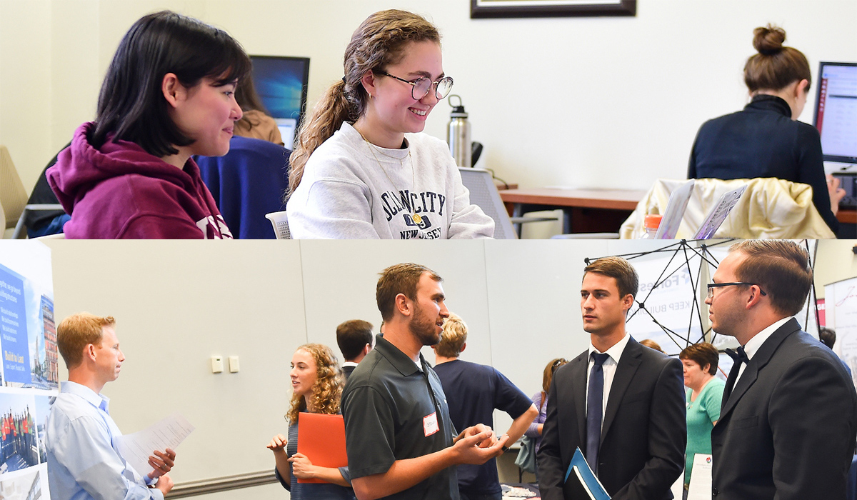 top image shows a student and tutor in the writing center; lower photo shows students and recruiters at career fair.