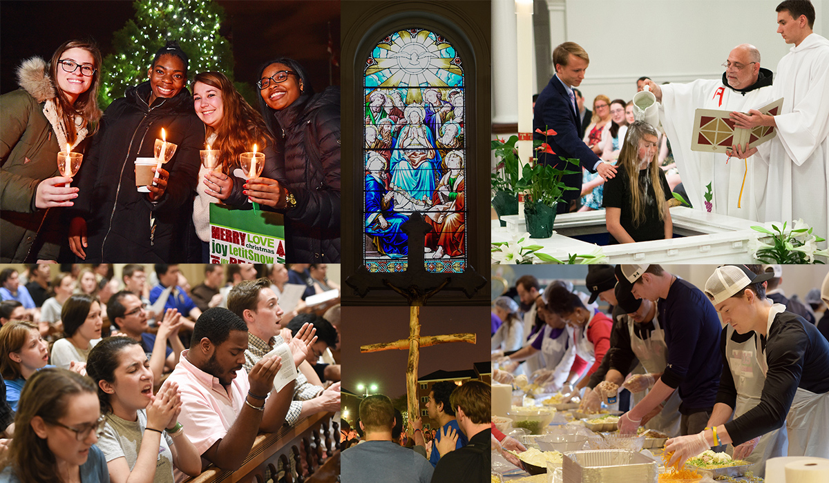 collage of Campus Ministry images including praise, Christmas tree lighting, Baptism, and Way of the Cross