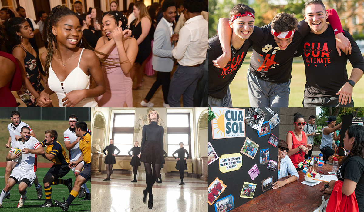Collage of student organization photos including Black Student Alliance, Student Organization of Latinos, Ultimate Frisbee team, and Irish Dancers