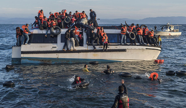 An image of people being rescued on a boat.